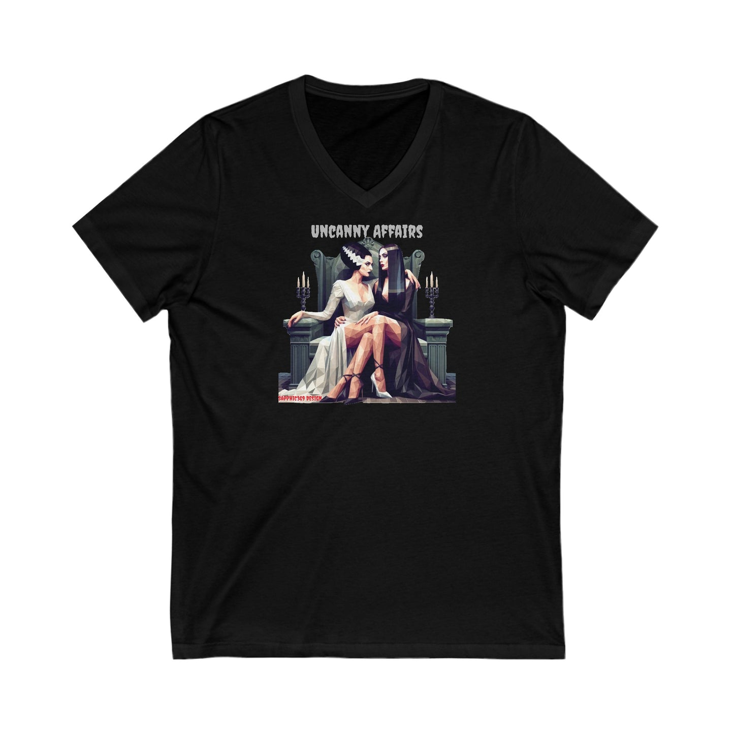 Morticia Adams and The Bride of Frankenstein Unisex Jersey Short Sleeve V-Neck Tee Printify