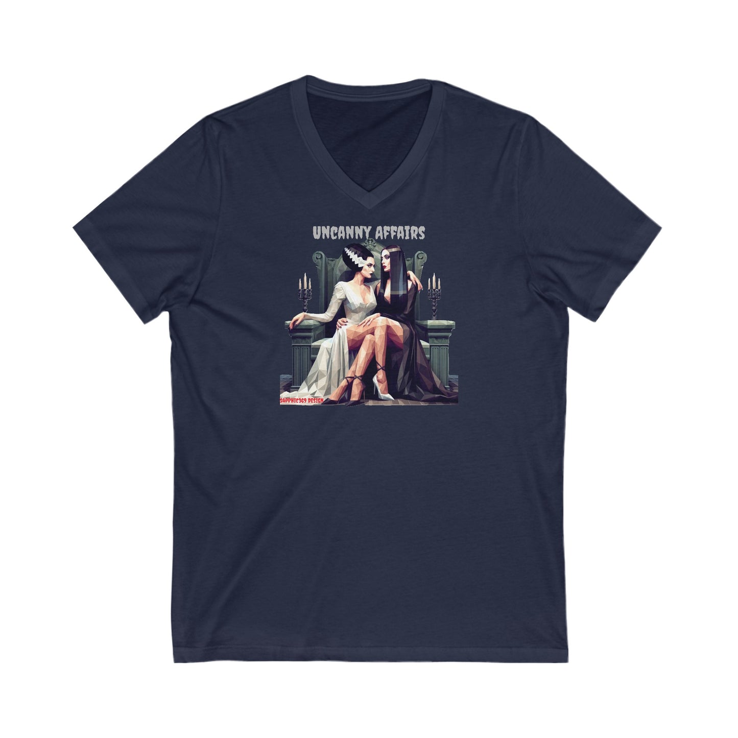 Morticia Adams and The Bride of Frankenstein Unisex Jersey Short Sleeve V-Neck Tee Printify