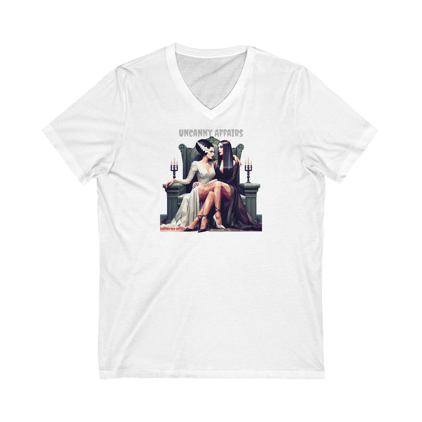 Morticia Adams and The Bride of Frankenstein Unisex Jersey Short Sleeve V-Neck Tee Printify