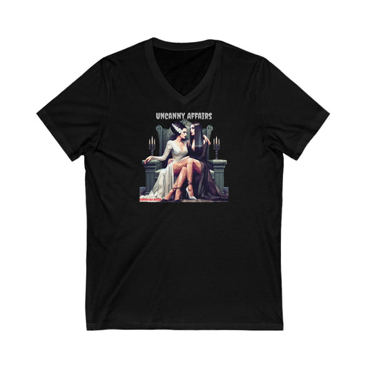 Morticia Adams and The Bride of Frankenstein Unisex Jersey Short Sleeve V-Neck Tee Printify