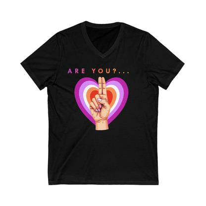 "Are you?..."  Lesbian Unisex Jersey Short Sleeve V-Neck Tee Printify